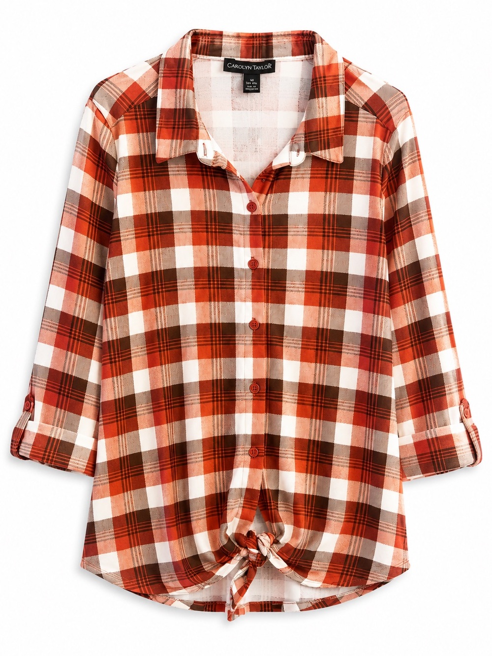 Carolyn Taylor Orange Brown Cream Plaid Button Front Shirt Large Long Sleeve